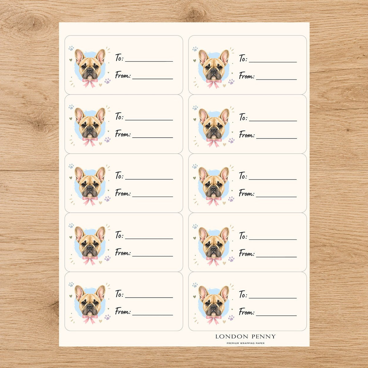 French Bulldog Paws & Bows Gift Tag Sticker Sheet