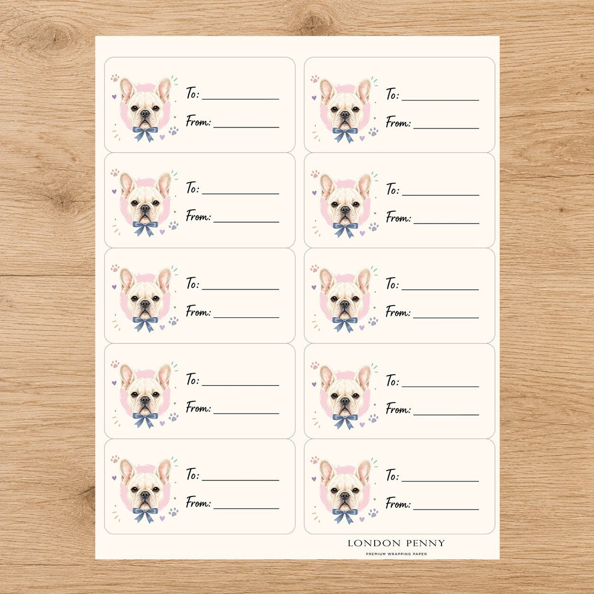 French Bulldog Paws & Bows Gift Tag Sticker Sheet