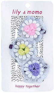 Frilly Fancy Rose Trio Kids Hair Clips- Pastels