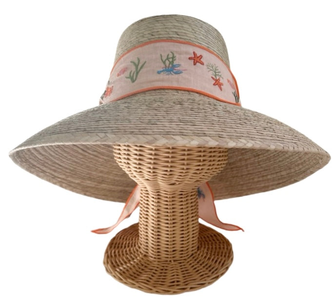 Wildflower Sun Hat - Fanm Mon X Sbb - Sea Creatures Embroidered On Peach Linen