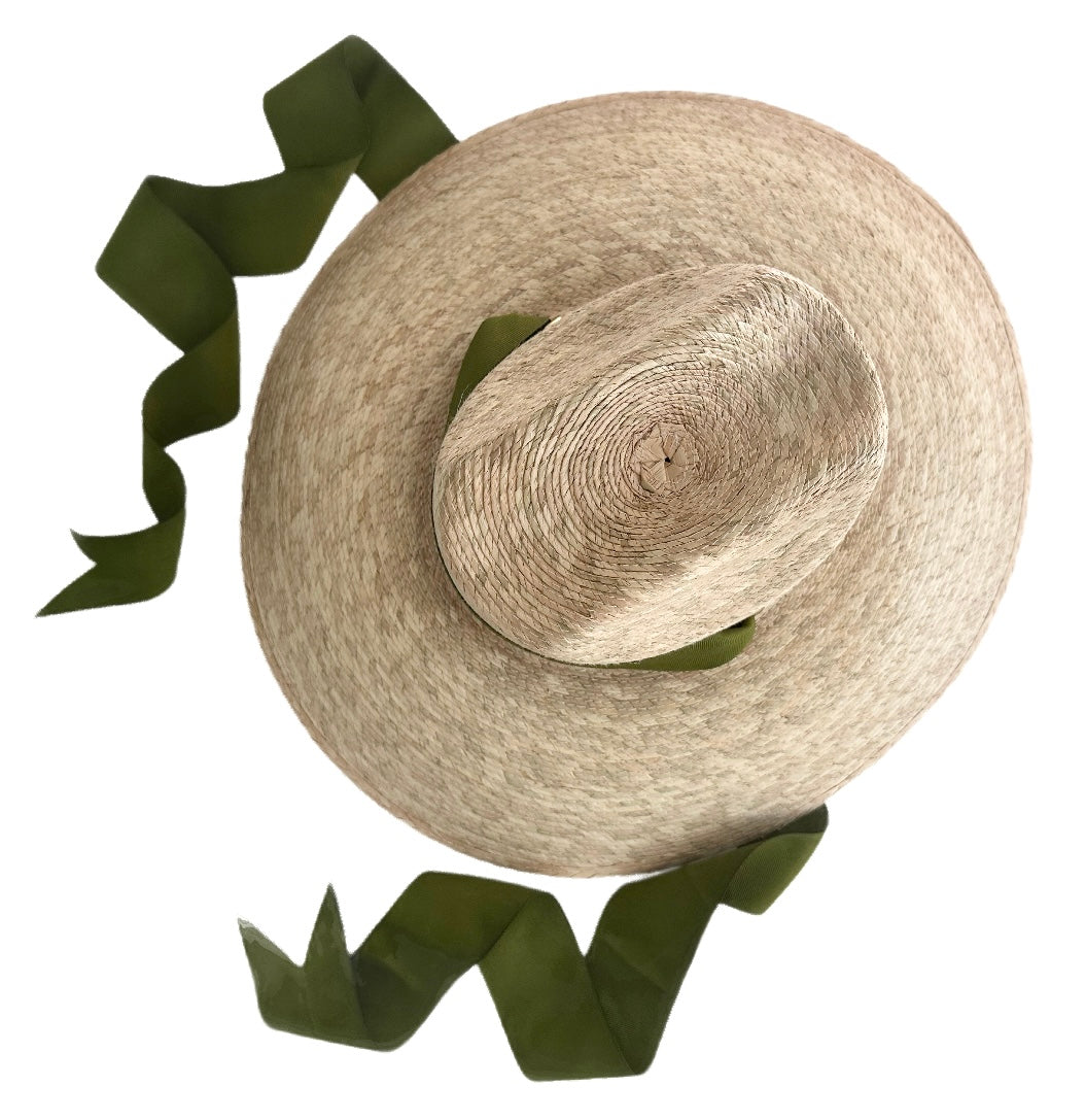 Hollyhock Sun Hat - Long Olive Green Grosgrain Ribbon