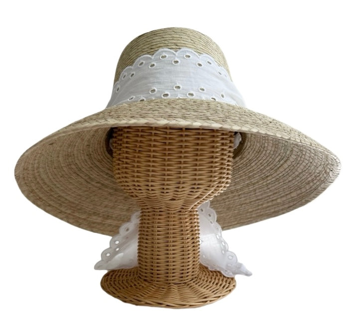 Wildflower Sun Hat - Antique Eyelet Scallop Lace Wide & Short Ribbon