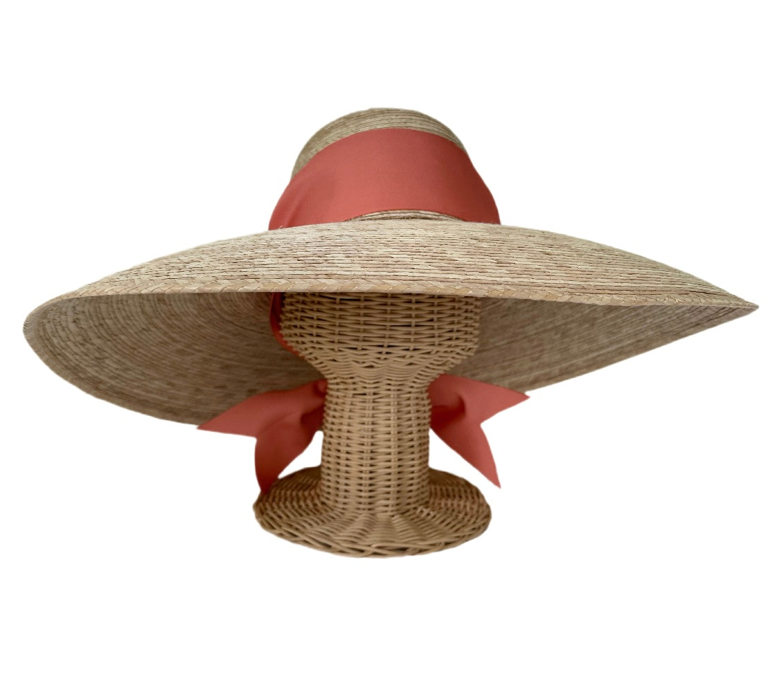 Daisy Sun Hat - Wide & Short Coral Grosgrain Ribbon