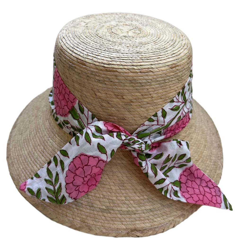 Clematis Bucket Hat - Pink Marigold Block Print Hat Scarf