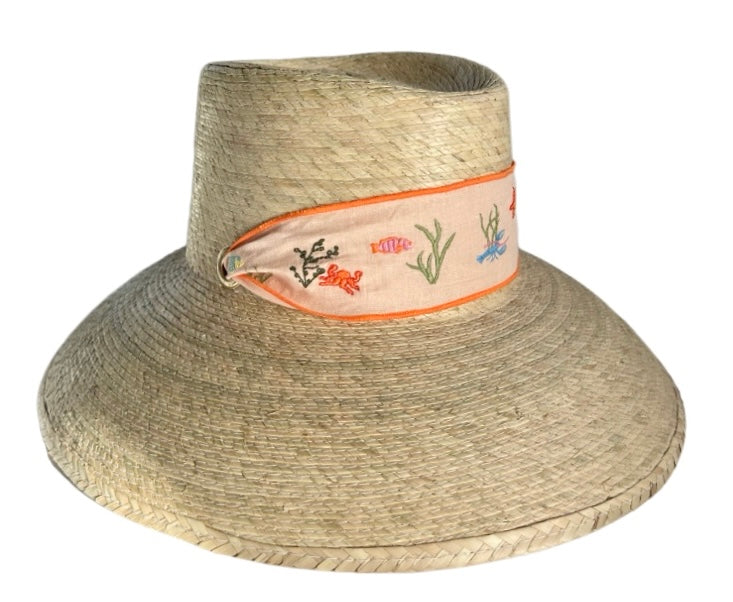 Wildflower Sun Hat - Fanm Mon X Sbb - Sea Creatures Embroidered On Peach Linen