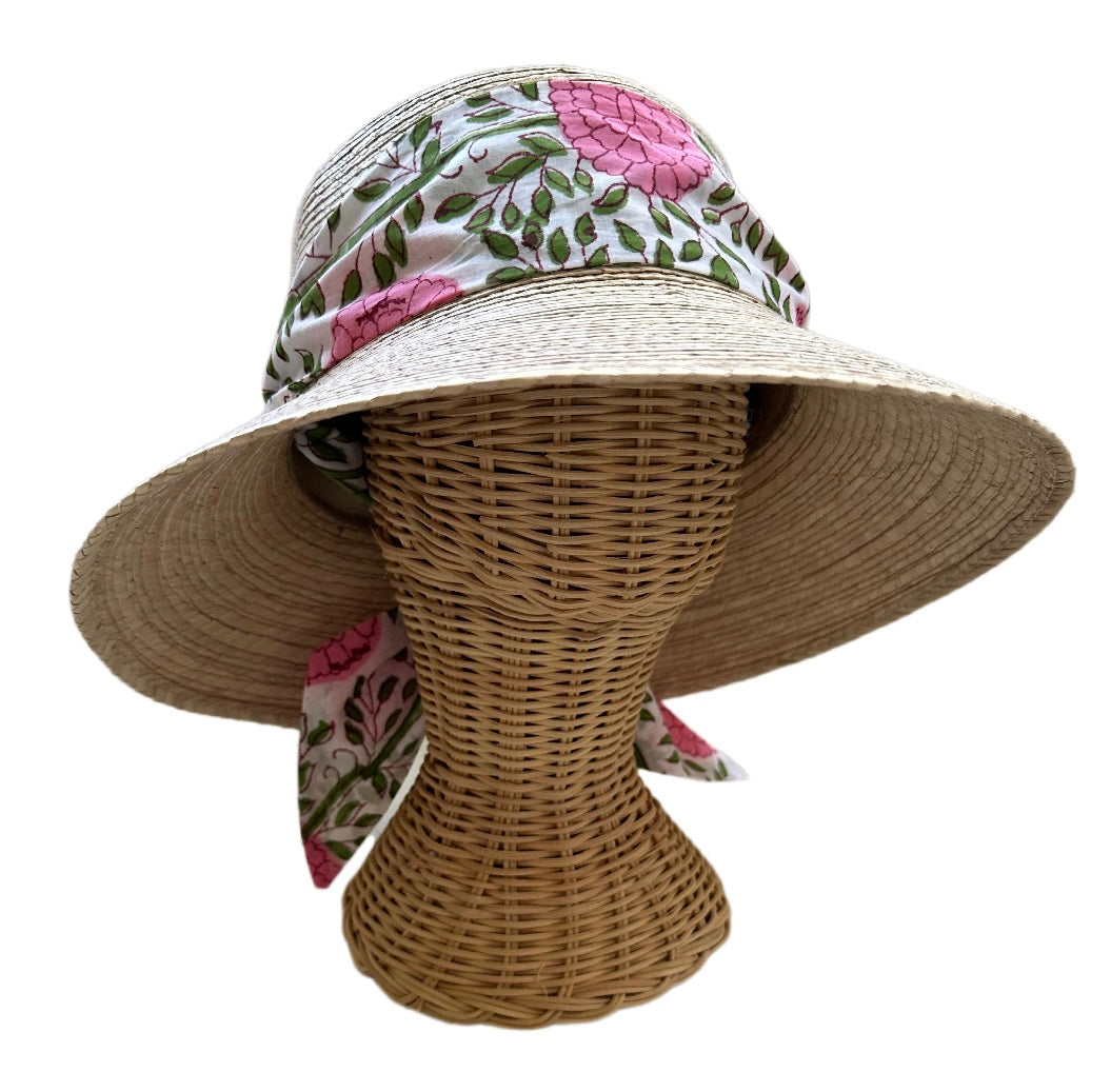 Clematis Bucket Hat - Pink Marigold Block Print Hat Scarf