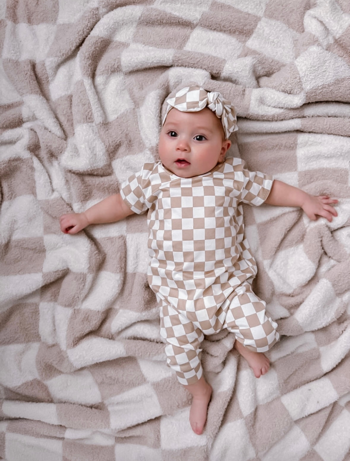 Taupe Retro Checkered Harem Romper