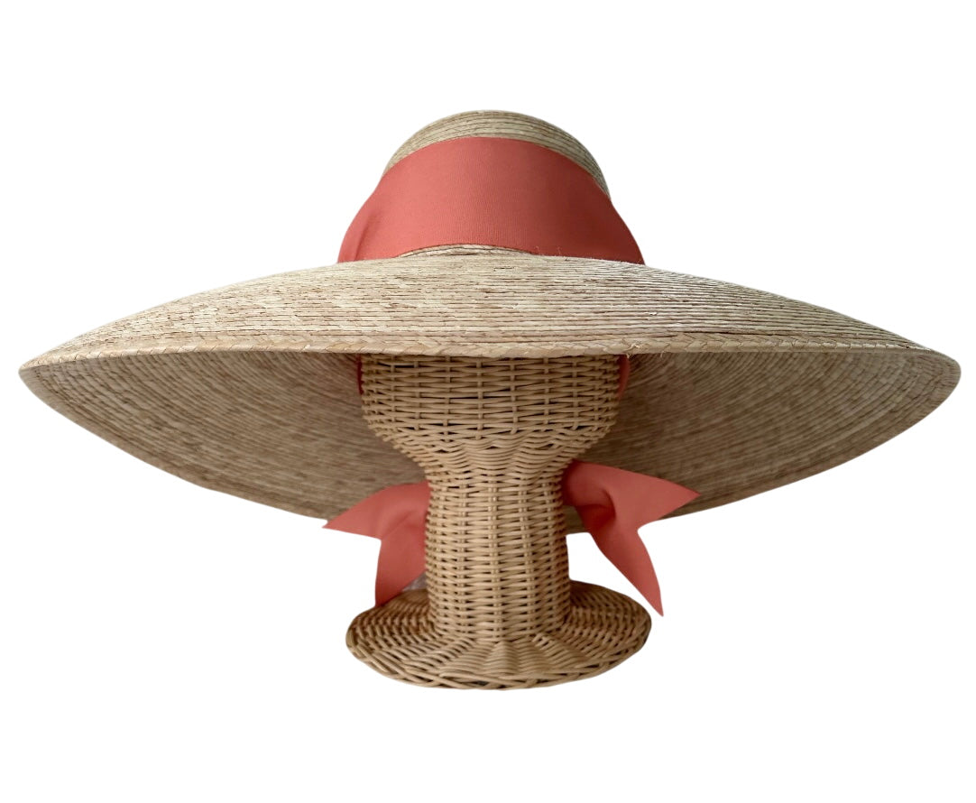 Daisy Sun Hat - Wide & Short Coral Grosgrain Ribbon