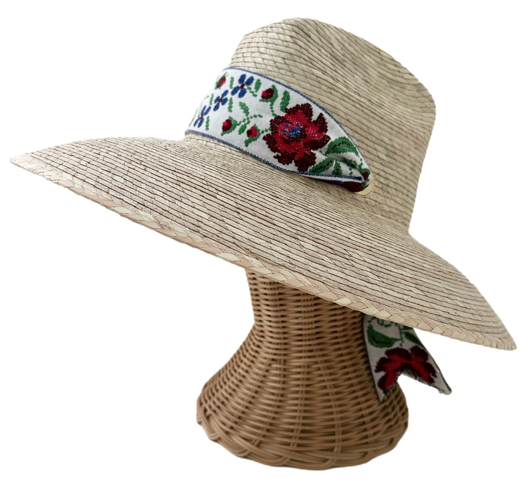 Hollyhock Sun Hat - Vintage Antique Rose Cross-stitch Short Ribbon
