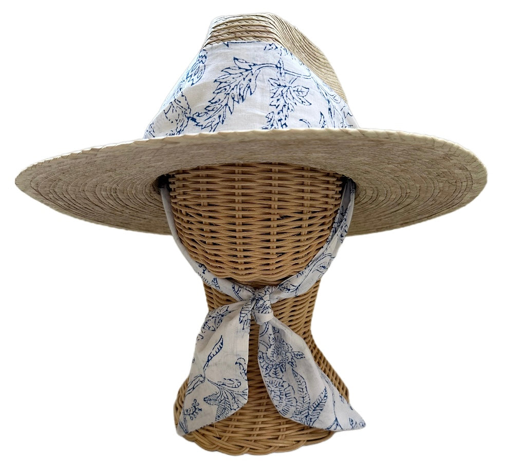 Zinnia Sun Hat - Blue Thistle Block Print Hat Scarf