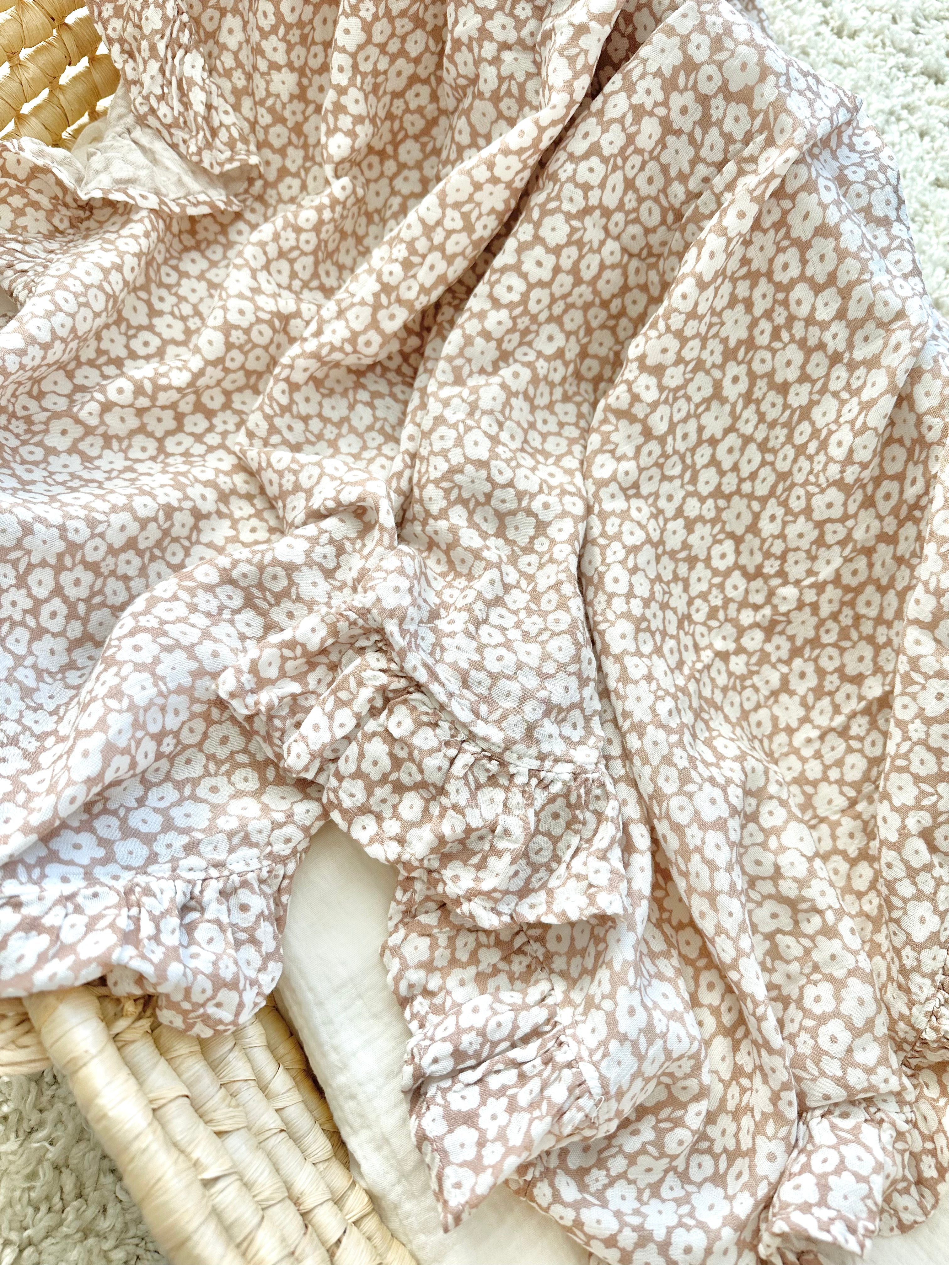 Muslin Swaddle Blanket - Mocha Ditsy Floral Ruffle