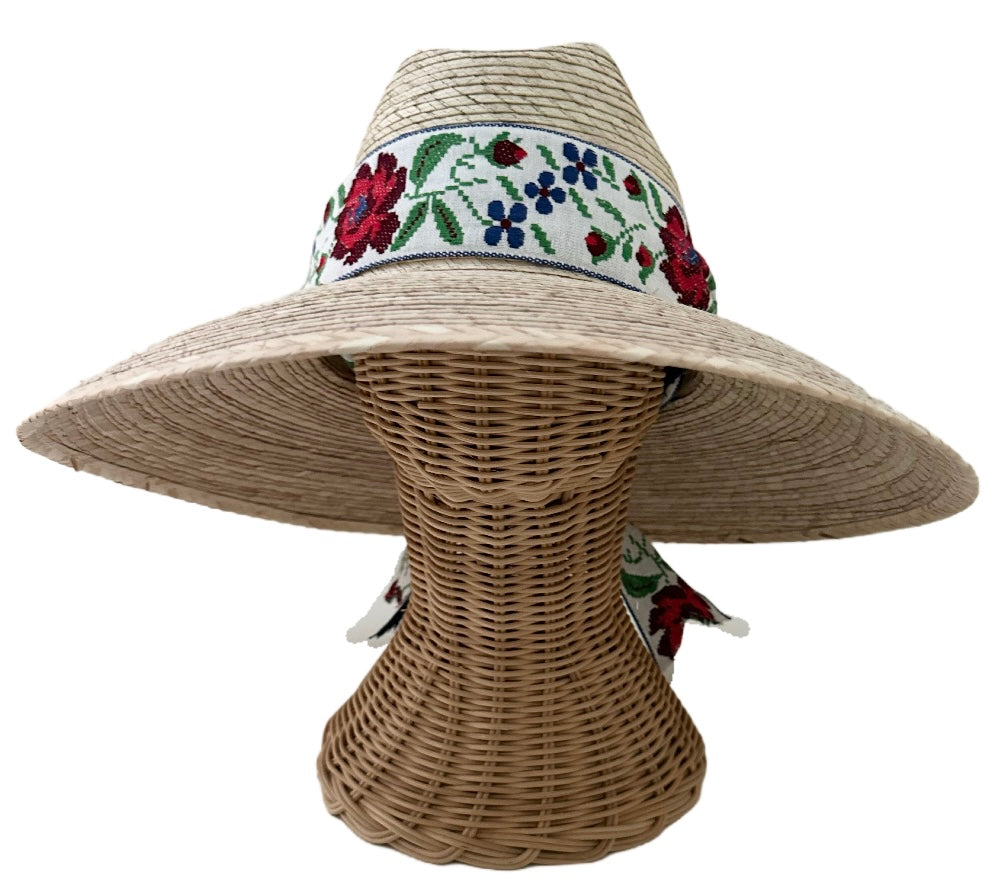 Hollyhock Sun Hat - Vintage Antique Rose Cross-stitch Short Ribbon