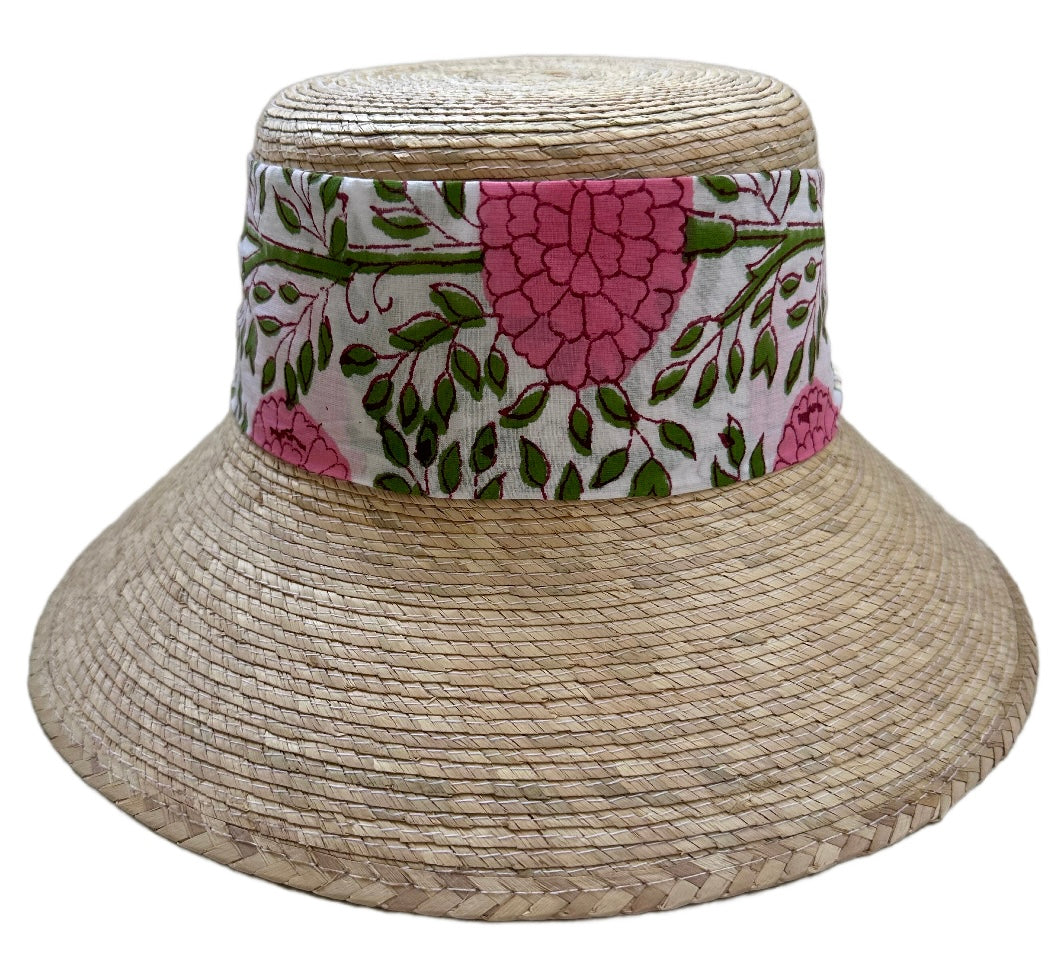 Clematis Bucket Hat - Pink Marigold Block Print Hat Scarf