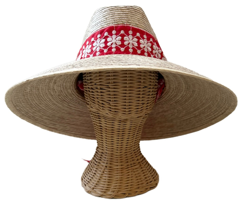 Hollyhock Sun Hat - Vintage Red And White Embroidered Ribbon