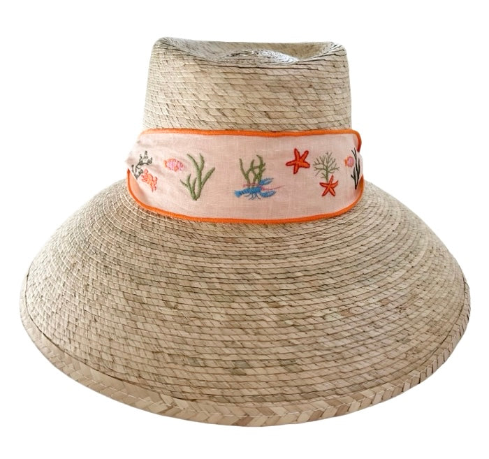 Wildflower Sun Hat - Fanm Mon X Sbb - Sea Creatures Embroidered On Peach Linen