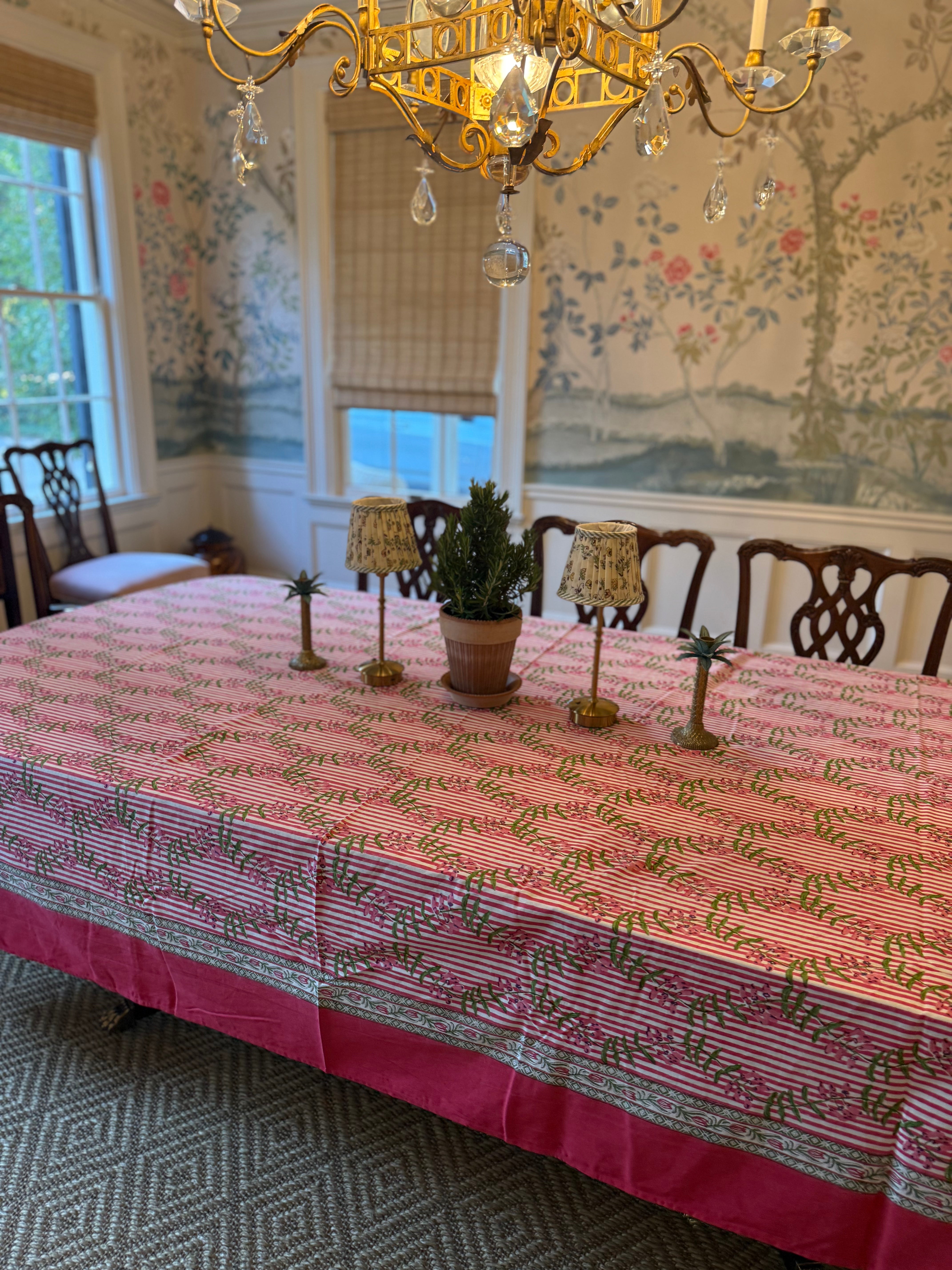 Nantucket Stripe Tablecloth In Holiday Pink