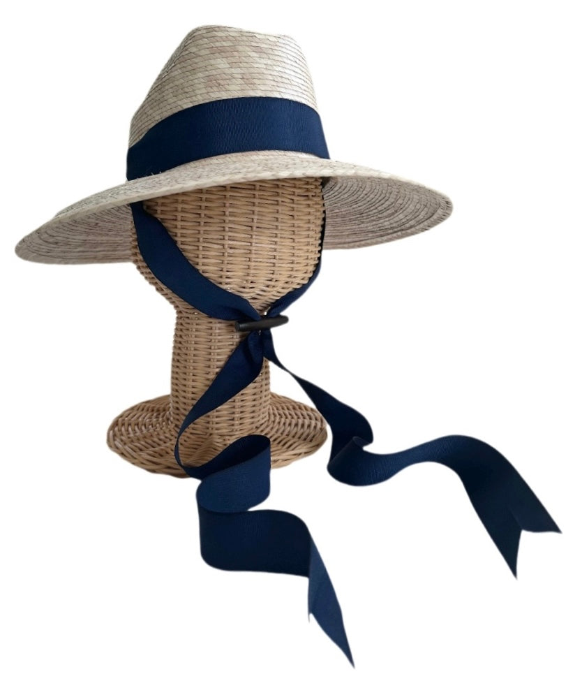 Petunia Girl's Sun Hat - Long Navy Grosgrain Ribbon With Wood Nautical Toggle
