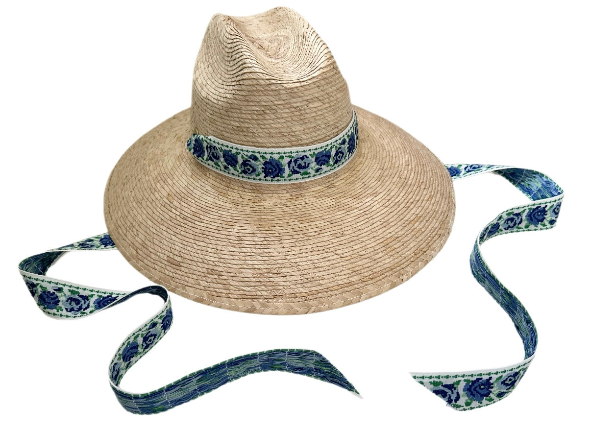 Hollyhock Sun Hat -  Vintage Azure Garden Rose Ribbon