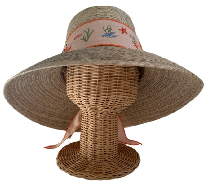 Wildflower Sun Hat - Fanm Mon X Sbb - Sea Creatures Embroidered On Peach Linen