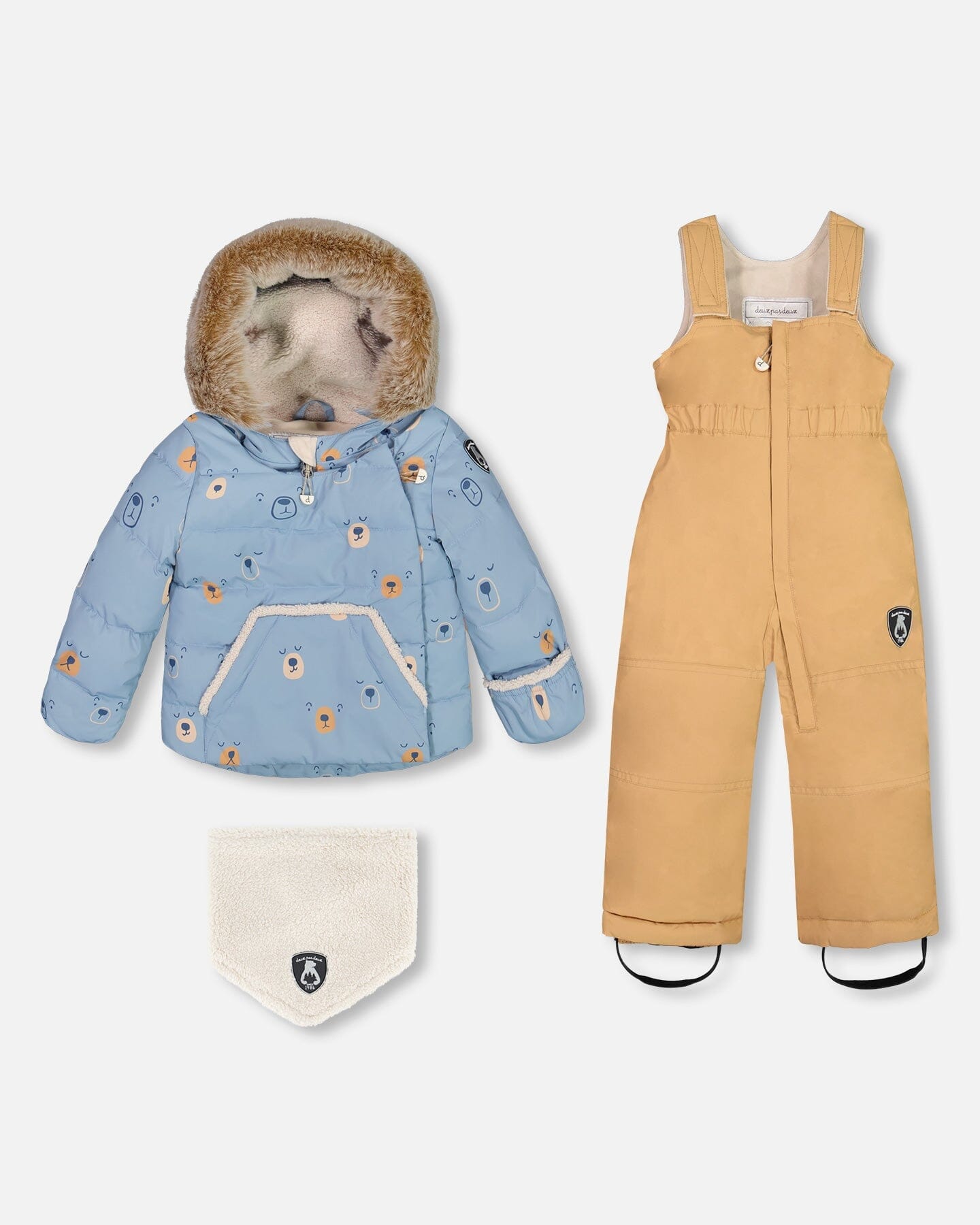 Two Piece Baby Snowsuit Blue Printed Bear Face And Doe by Deux par Deux