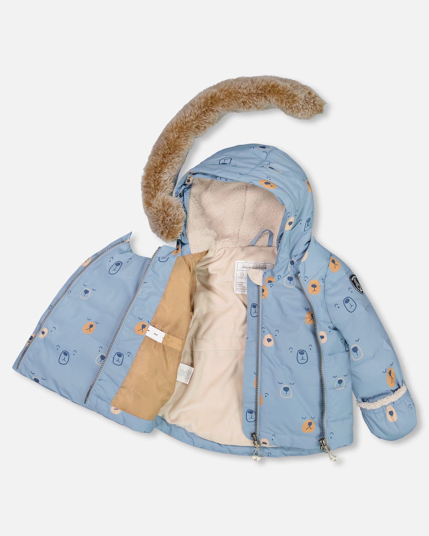 Two Piece Baby Snowsuit Blue Printed Bear Face And Doe by Deux par Deux