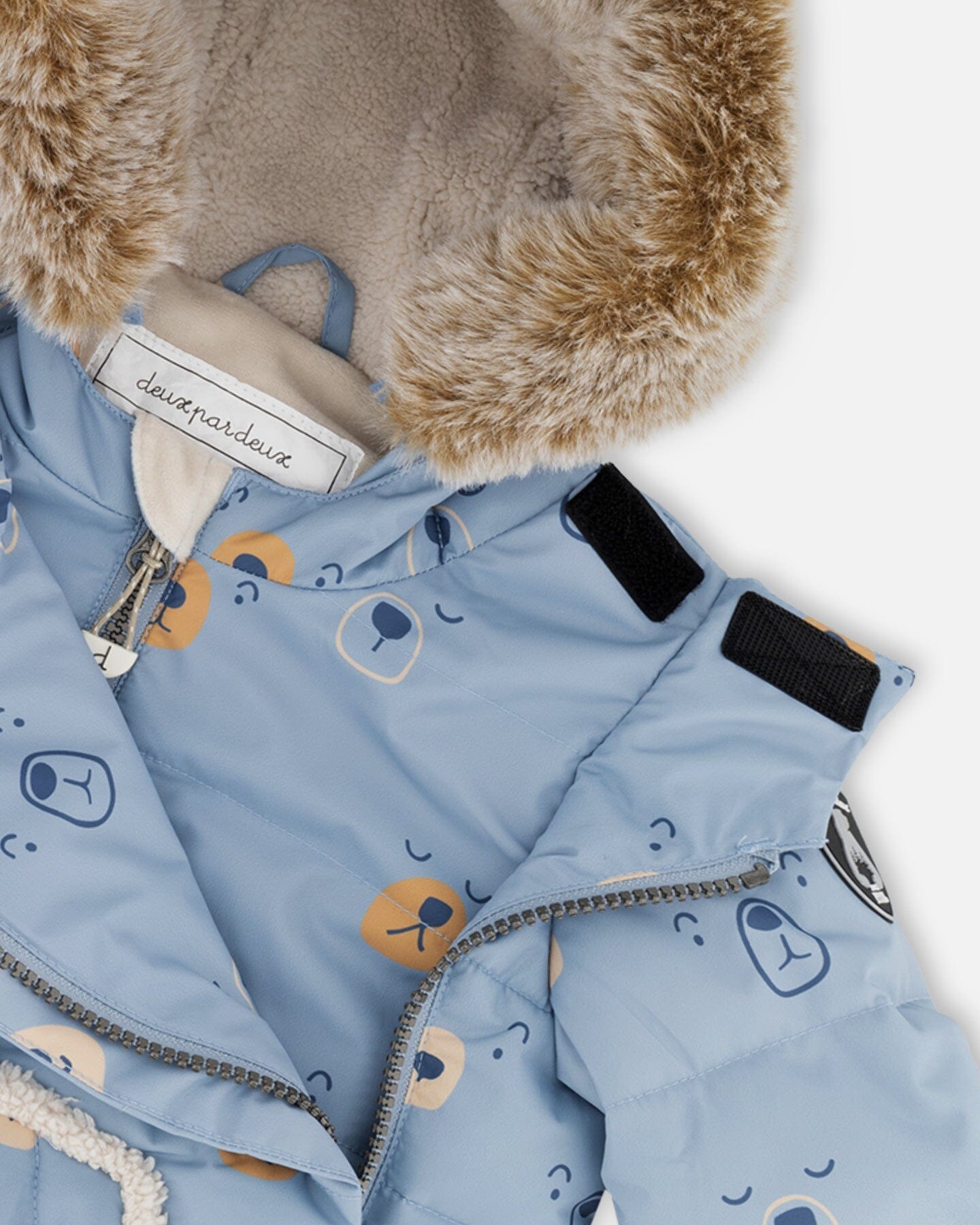 Two Piece Baby Snowsuit Blue Printed Bear Face And Doe by Deux par Deux