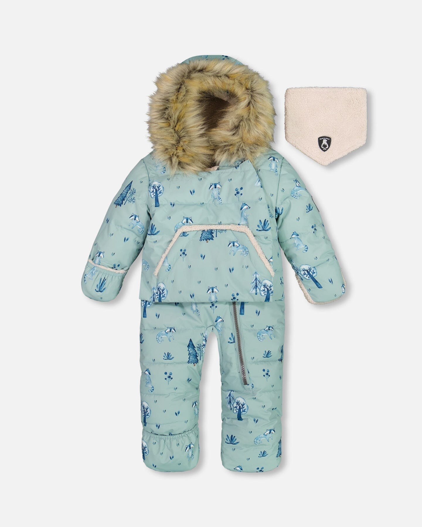 One Piece Baby Hooded Snowsuit Sage Printed Racoons Designed For Car Seat by Deux par Deux