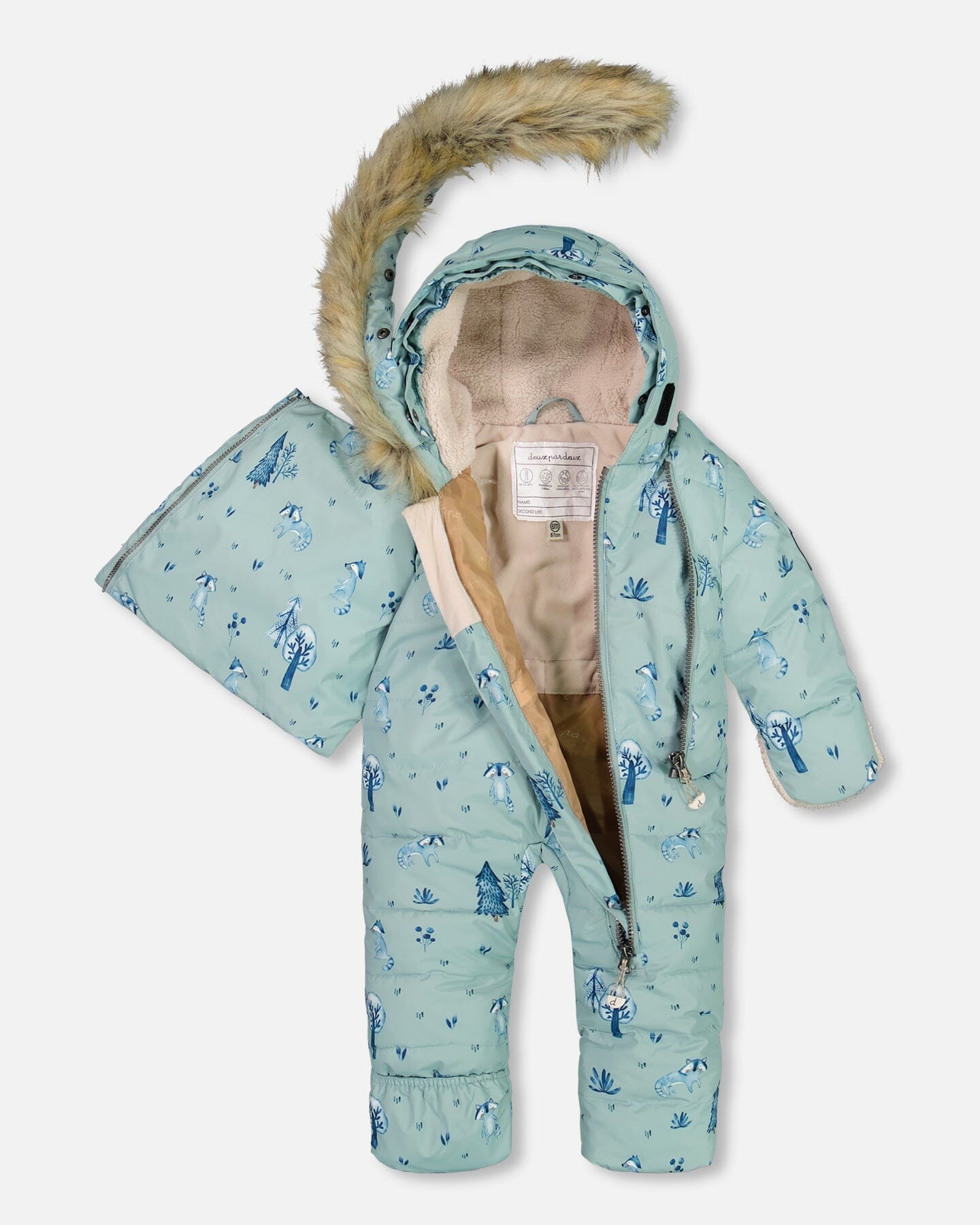 One Piece Baby Hooded Snowsuit Sage Printed Racoons Designed For Car Seat by Deux par Deux