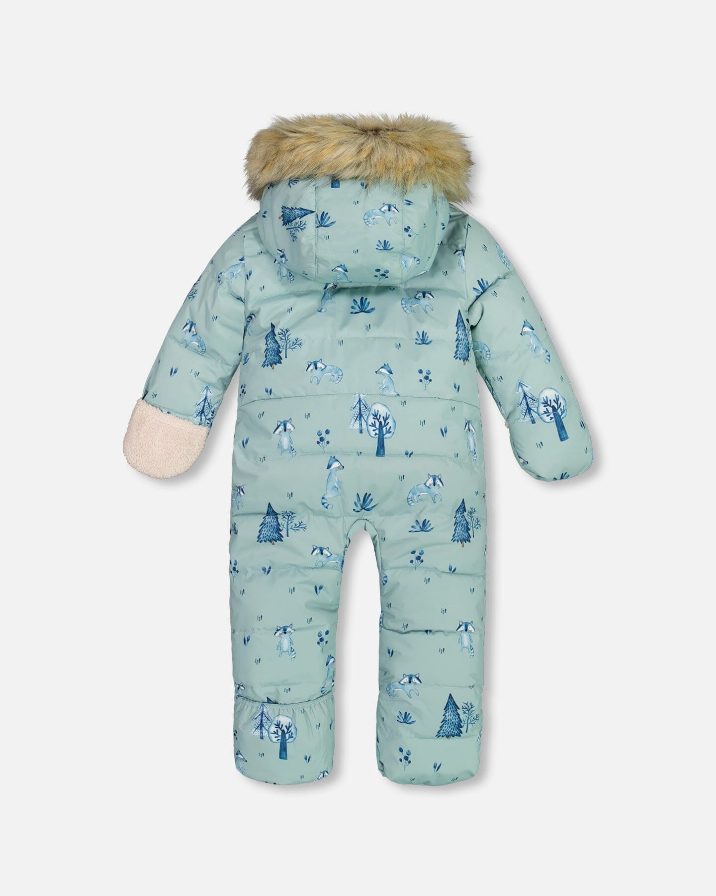 One Piece Baby Hooded Snowsuit Sage Printed Racoons Designed For Car Seat by Deux par Deux