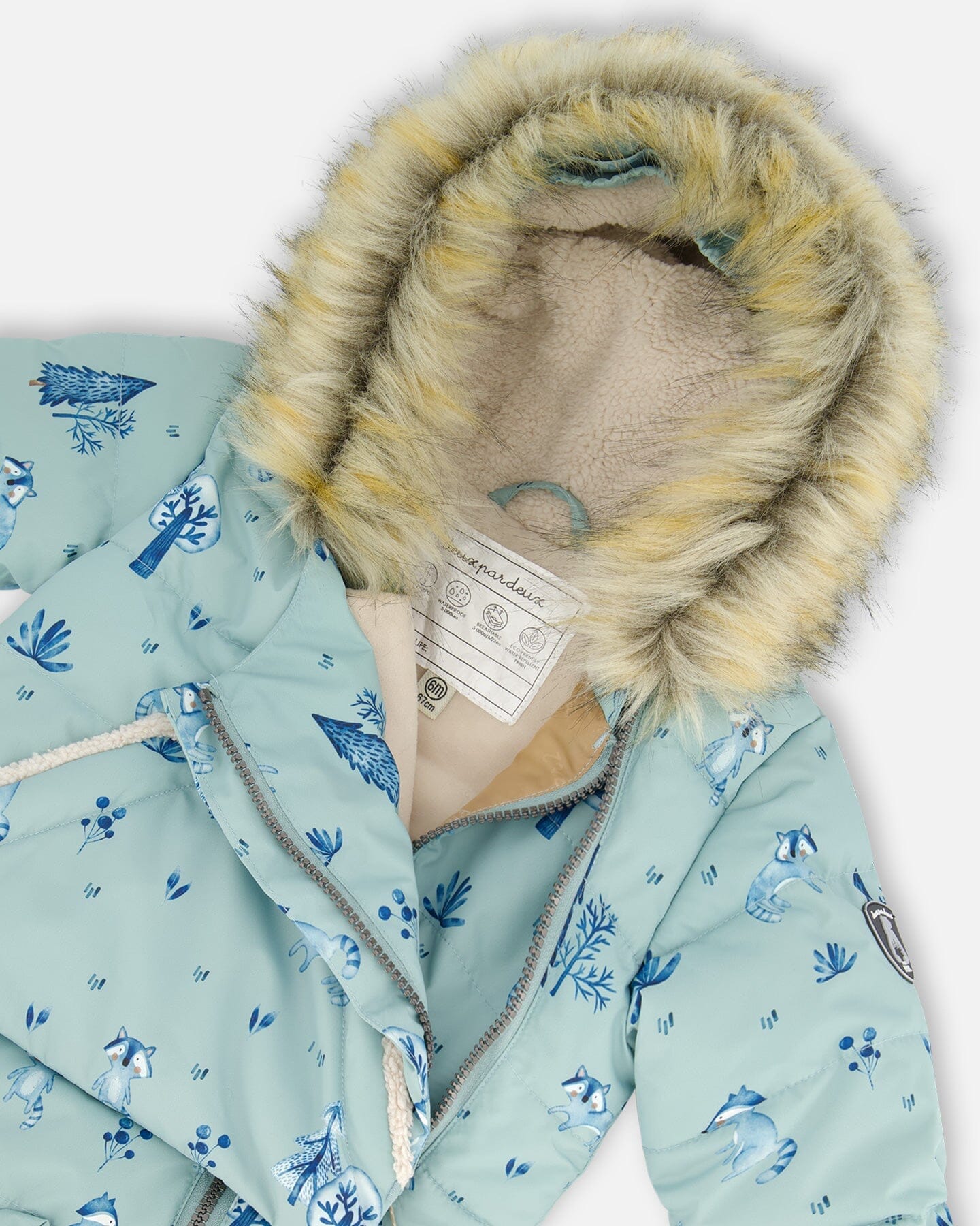 One Piece Baby Hooded Snowsuit Sage Printed Racoons Designed For Car Seat by Deux par Deux