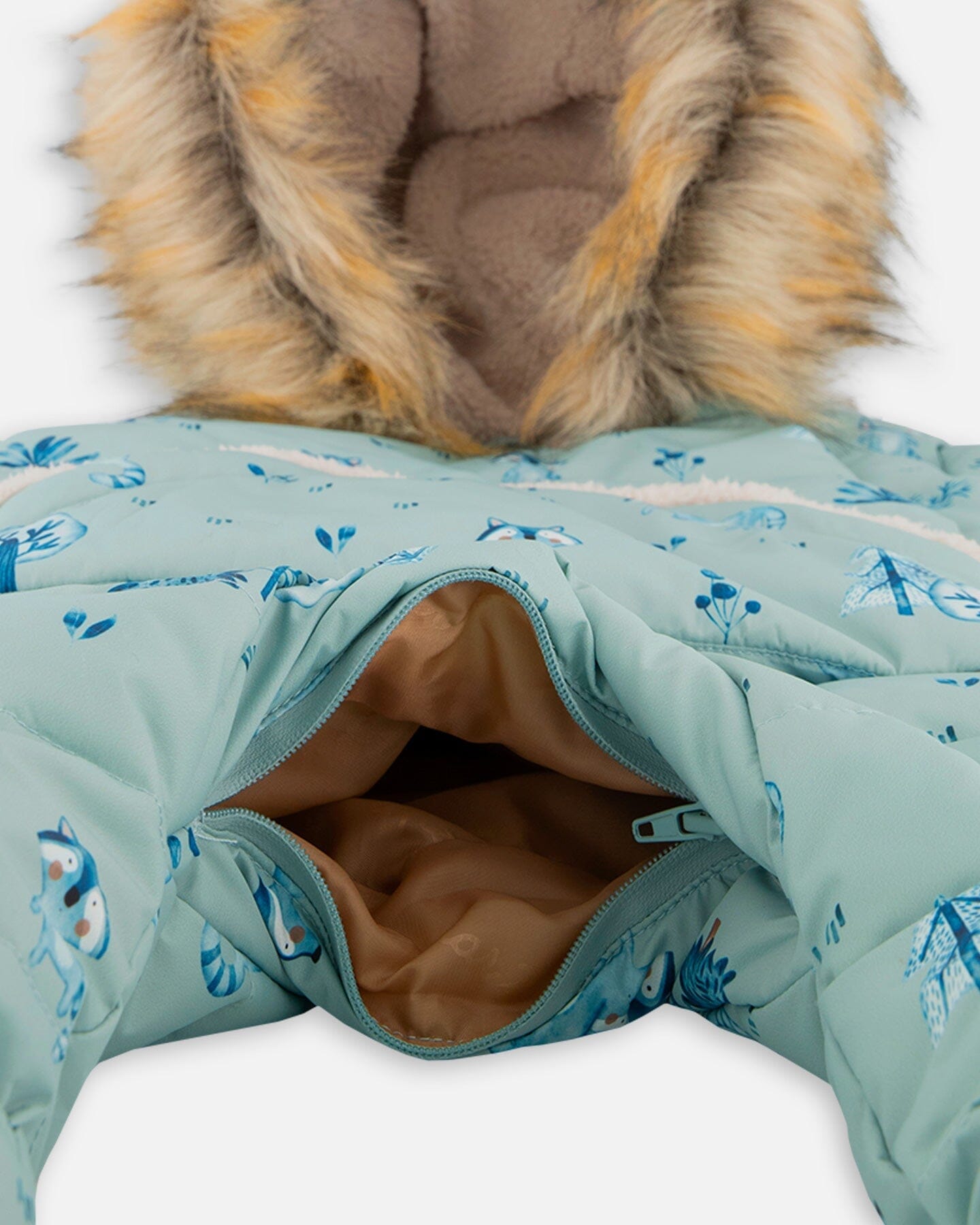 One Piece Baby Hooded Snowsuit Sage Printed Racoons Designed For Car Seat by Deux par Deux