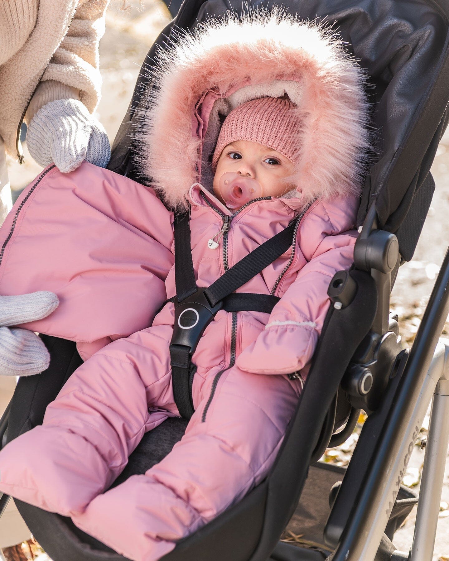 One Piece Baby Hooded Snowsuit Pink Designed For Car Seat by Deux par Deux