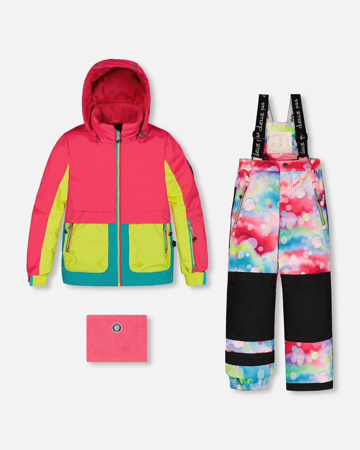 Two Piece Snowsuit Colorblock Fuchsia, Lime And Turquoise With Printed Bubbles by Deux par Deux