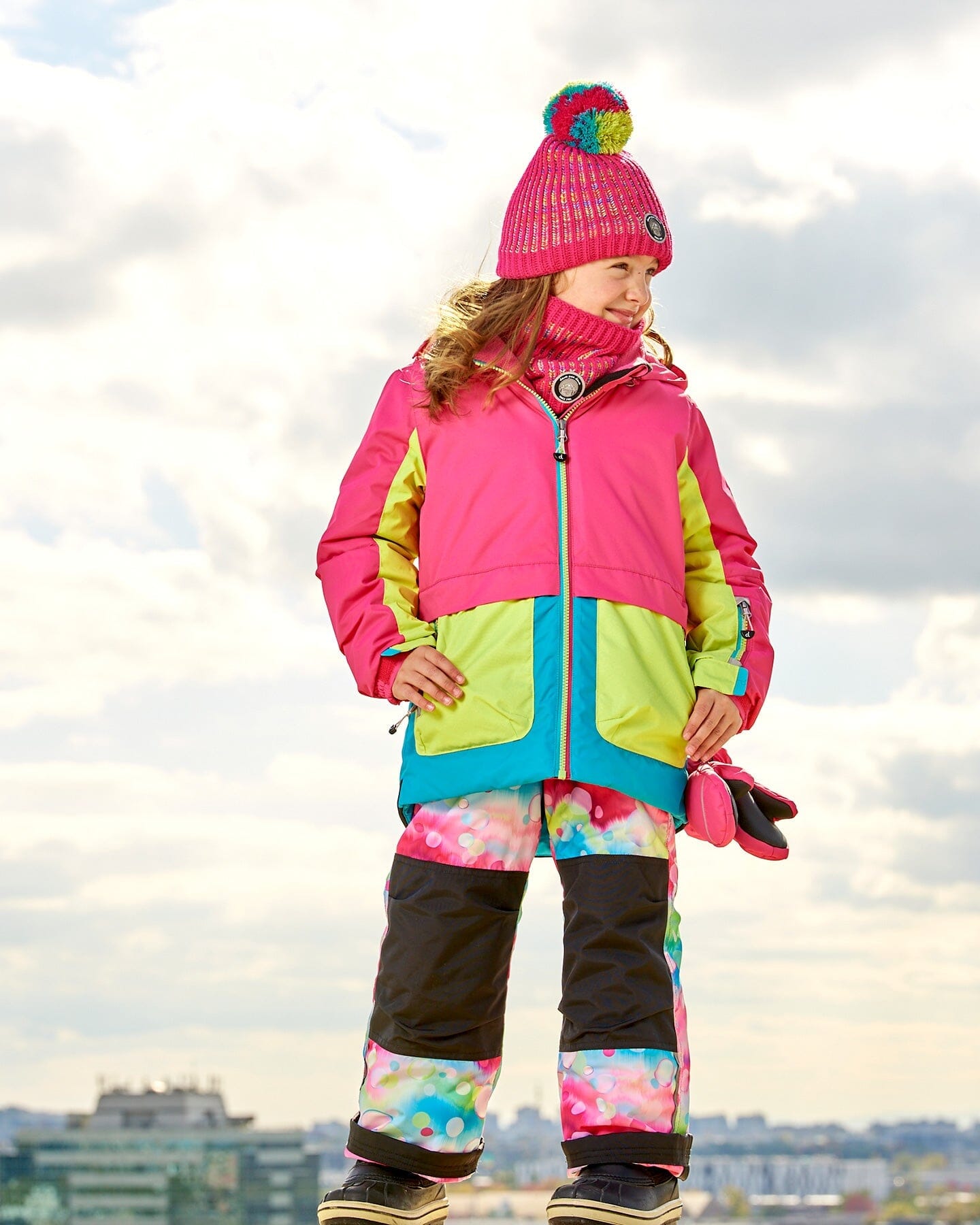 Two Piece Snowsuit Colorblock Fuchsia, Lime And Turquoise With Printed Bubbles by Deux par Deux