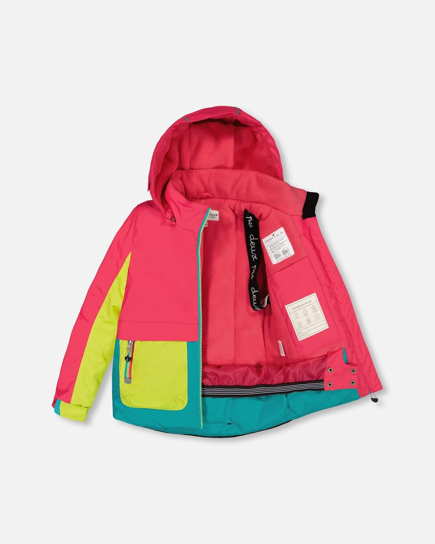 Two Piece Snowsuit Colorblock Fuchsia, Lime And Turquoise With Printed Bubbles by Deux par Deux