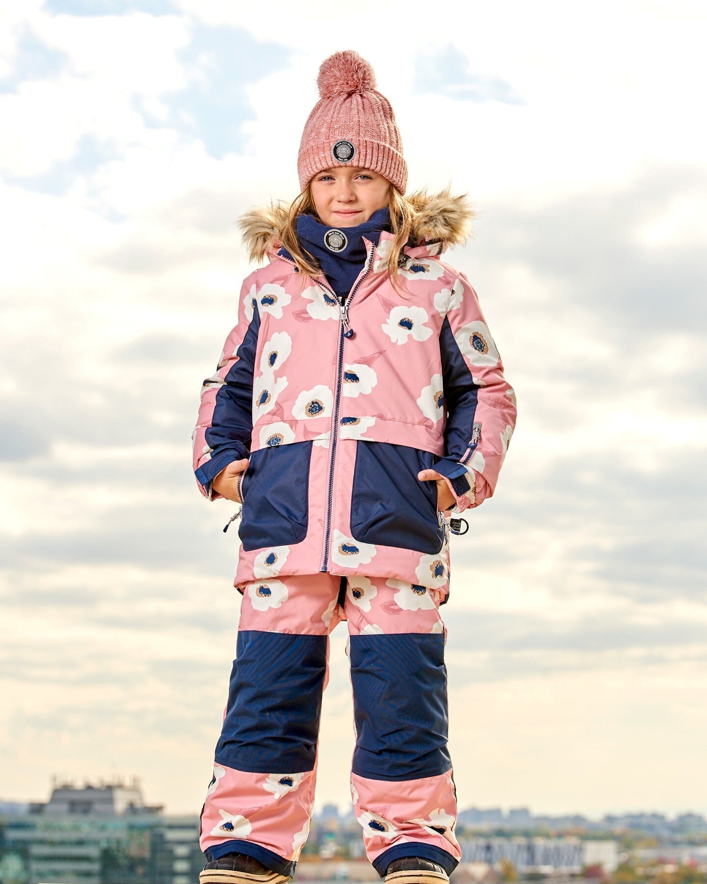 Two Piece Snowsuit Allover Print Pink Printed Off White Flowers by Deux par Deux