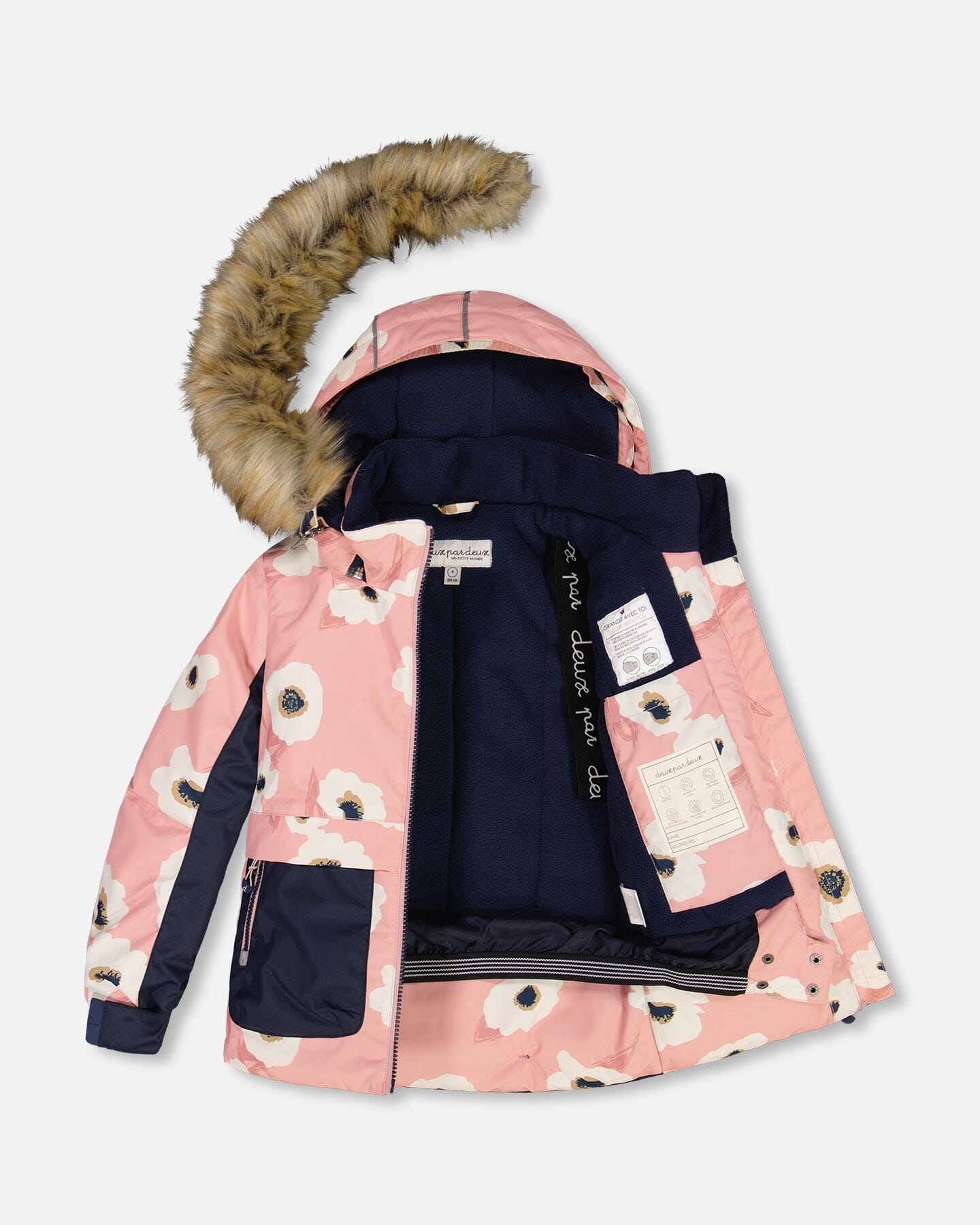 Two Piece Snowsuit Allover Print Pink Printed Off White Flowers by Deux par Deux