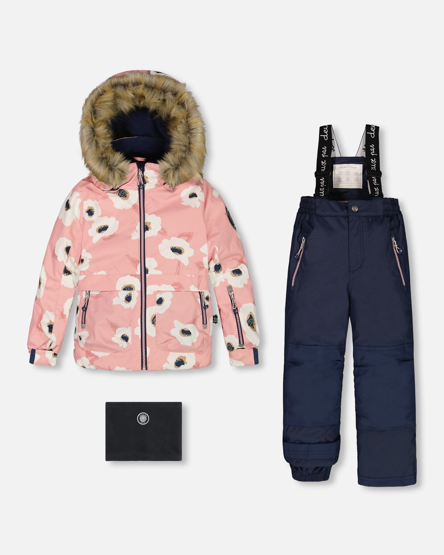 Two Piece Snowsuit Pink Printed Off White Flowers And Navy by Deux par Deux