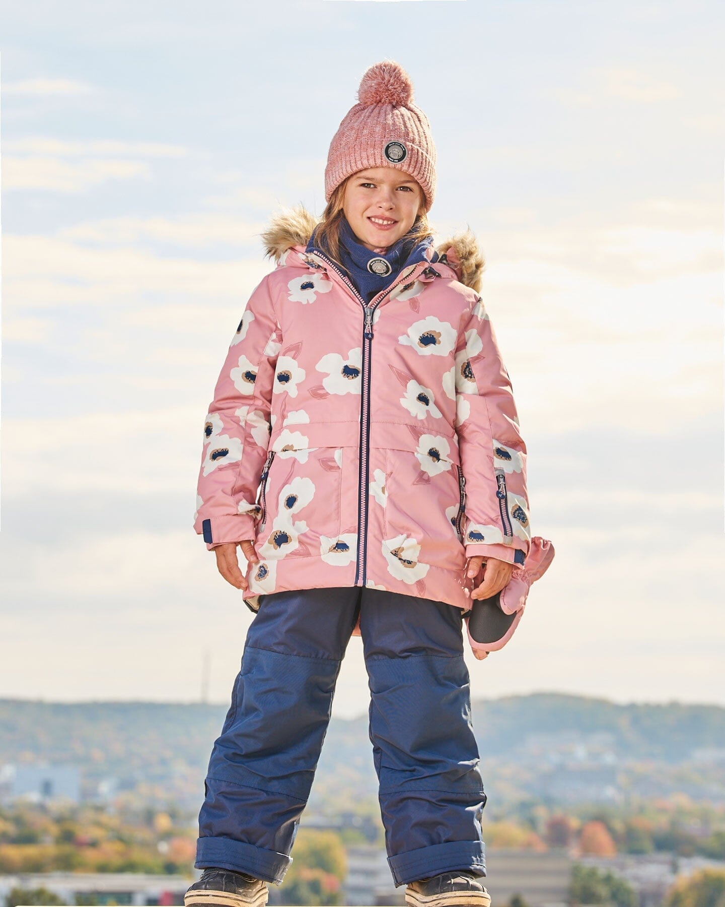 Two Piece Snowsuit Pink Printed Off White Flowers And Navy by Deux par Deux