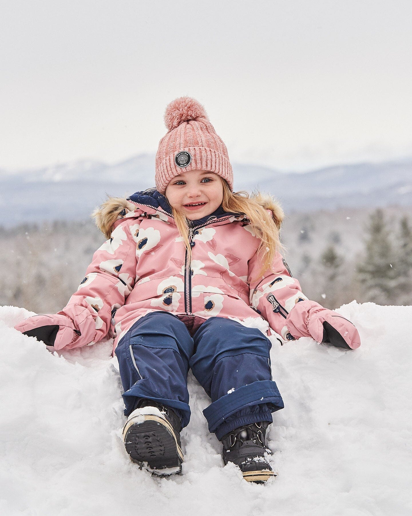 Two Piece Snowsuit Pink Printed Off White Flowers And Navy by Deux par Deux