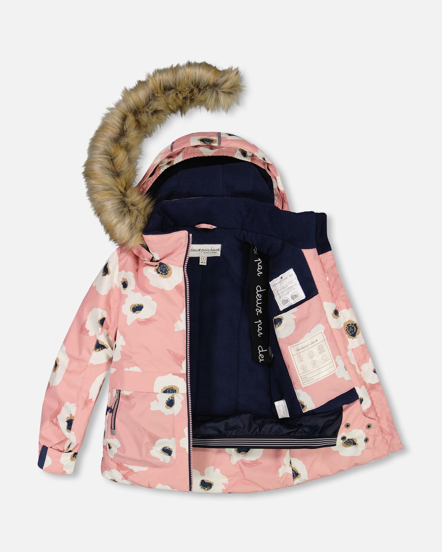 Two Piece Snowsuit Pink Printed Off White Flowers And Navy by Deux par Deux