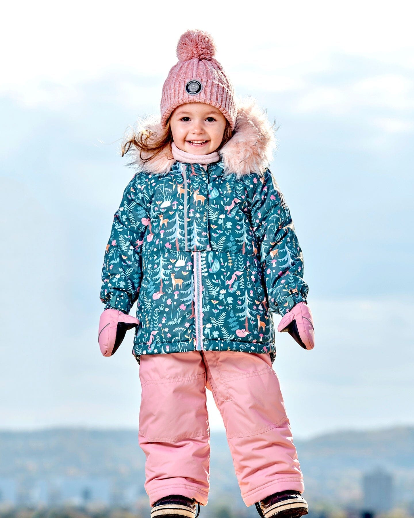 Two Piece Baby Snowsuit Silver Pink Printed Woodland Animals by Deux par Deux