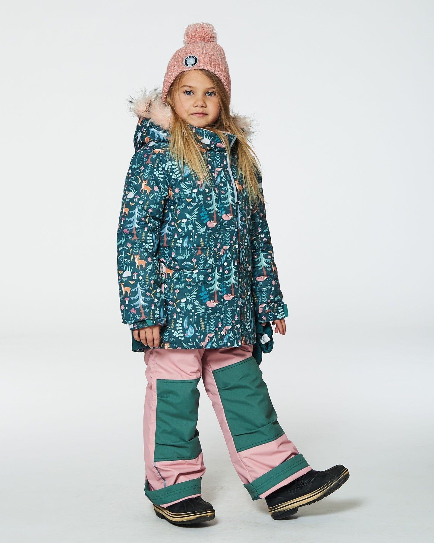 Two Piece Snowsuit Silver Pink Printed Woodland Animals by Deux par Deux