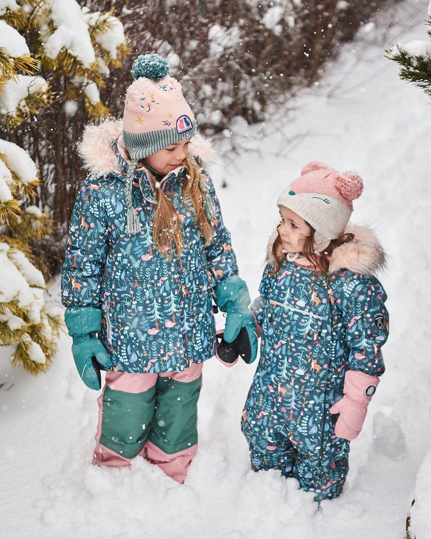 Two Piece Snowsuit Silver Pink Printed Woodland Animals by Deux par Deux