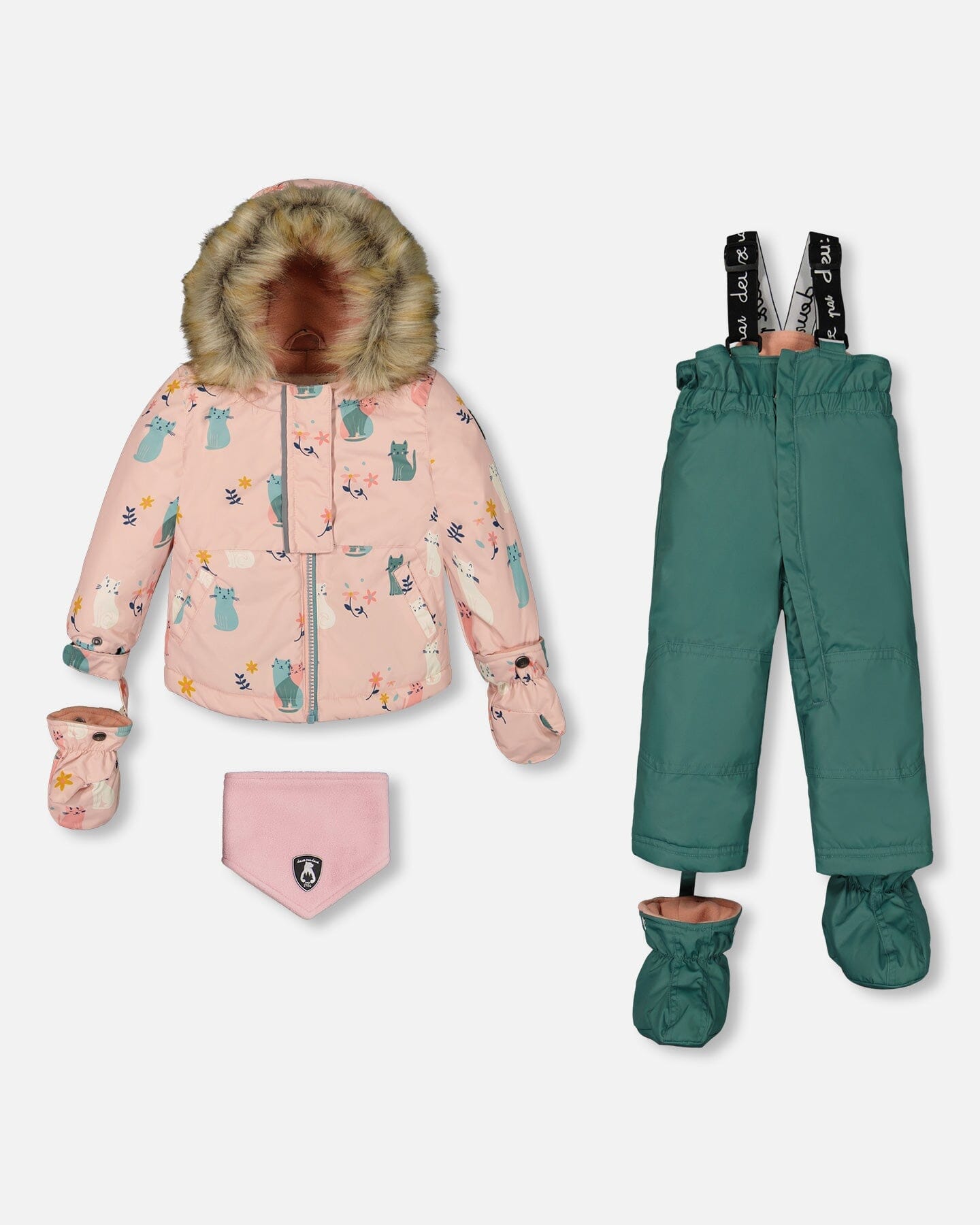 Two Piece Baby Snowsuit Sage Green And Printed Cats by Deux par Deux