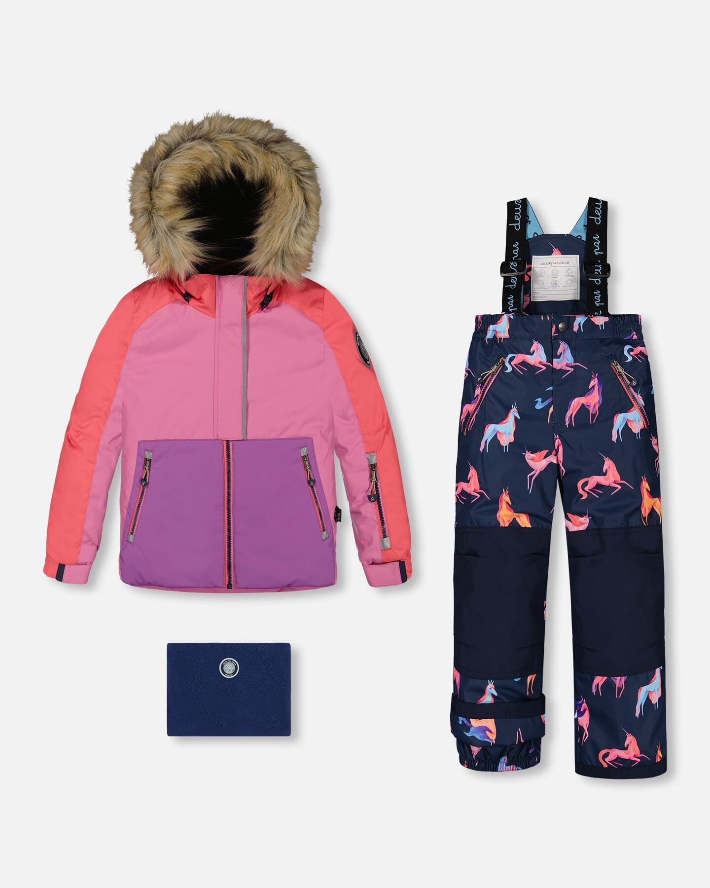 Two Piece Snowsuit Colorblock Purple And Coral With Printed Unicorns by Deux par Deux