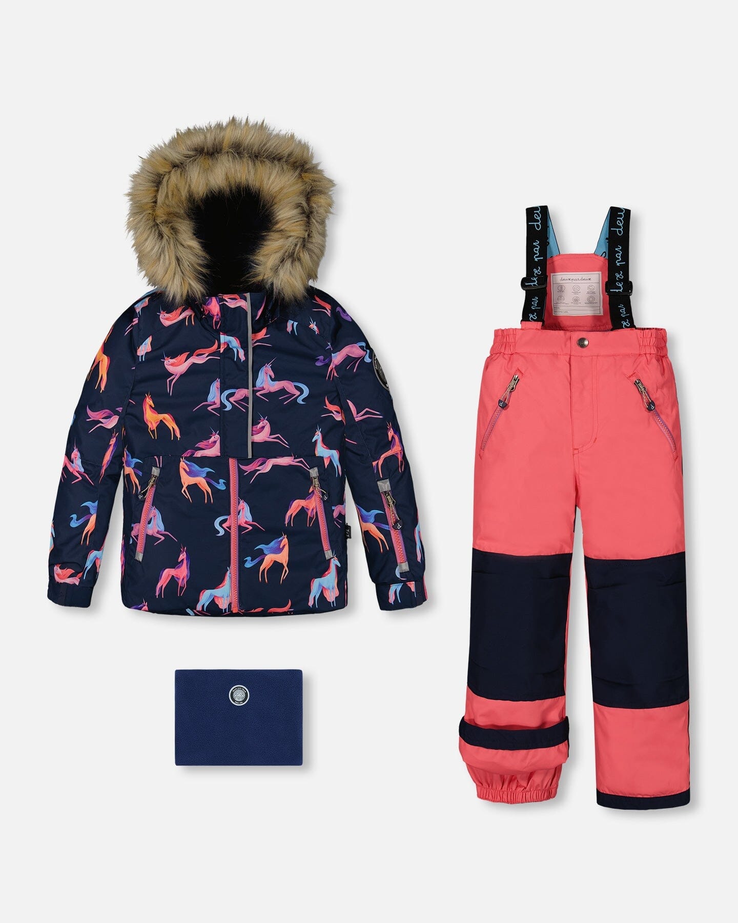 Two Piece Snowsuit Navy Printed Unicorns And Coral by Deux par Deux