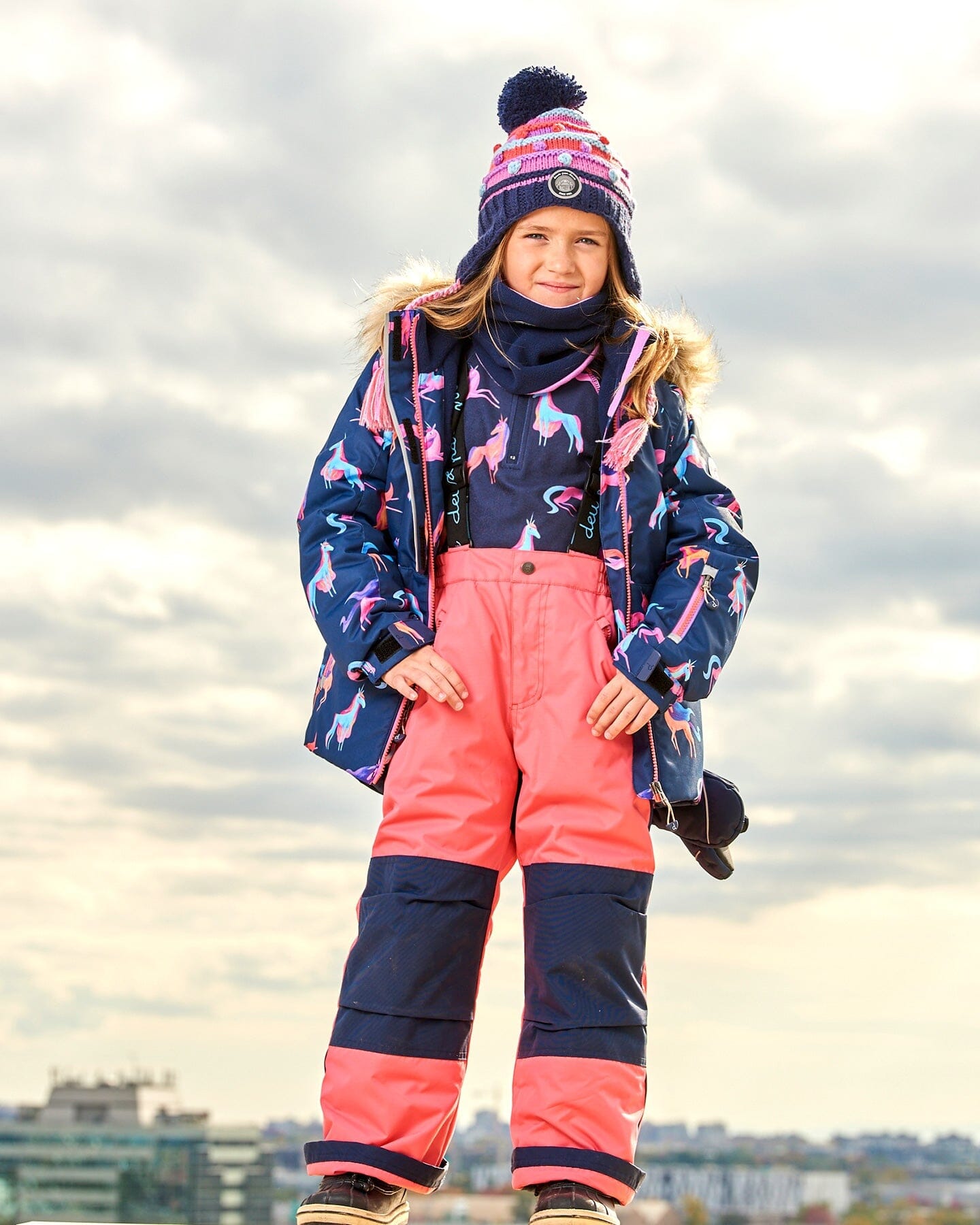 Two Piece Snowsuit Navy Printed Unicorns And Coral by Deux par Deux