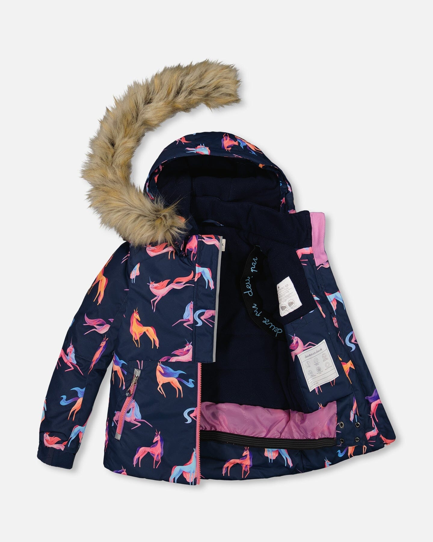 Two Piece Snowsuit Navy Printed Unicorns And Coral by Deux par Deux