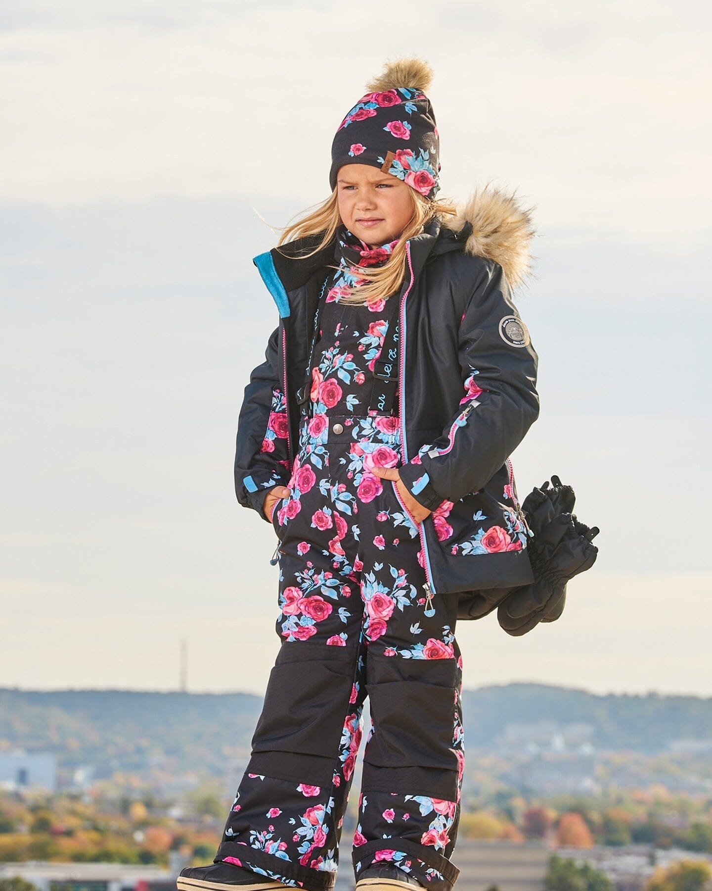 Two Piece Snowsuit Black Printed Roses by Deux par Deux